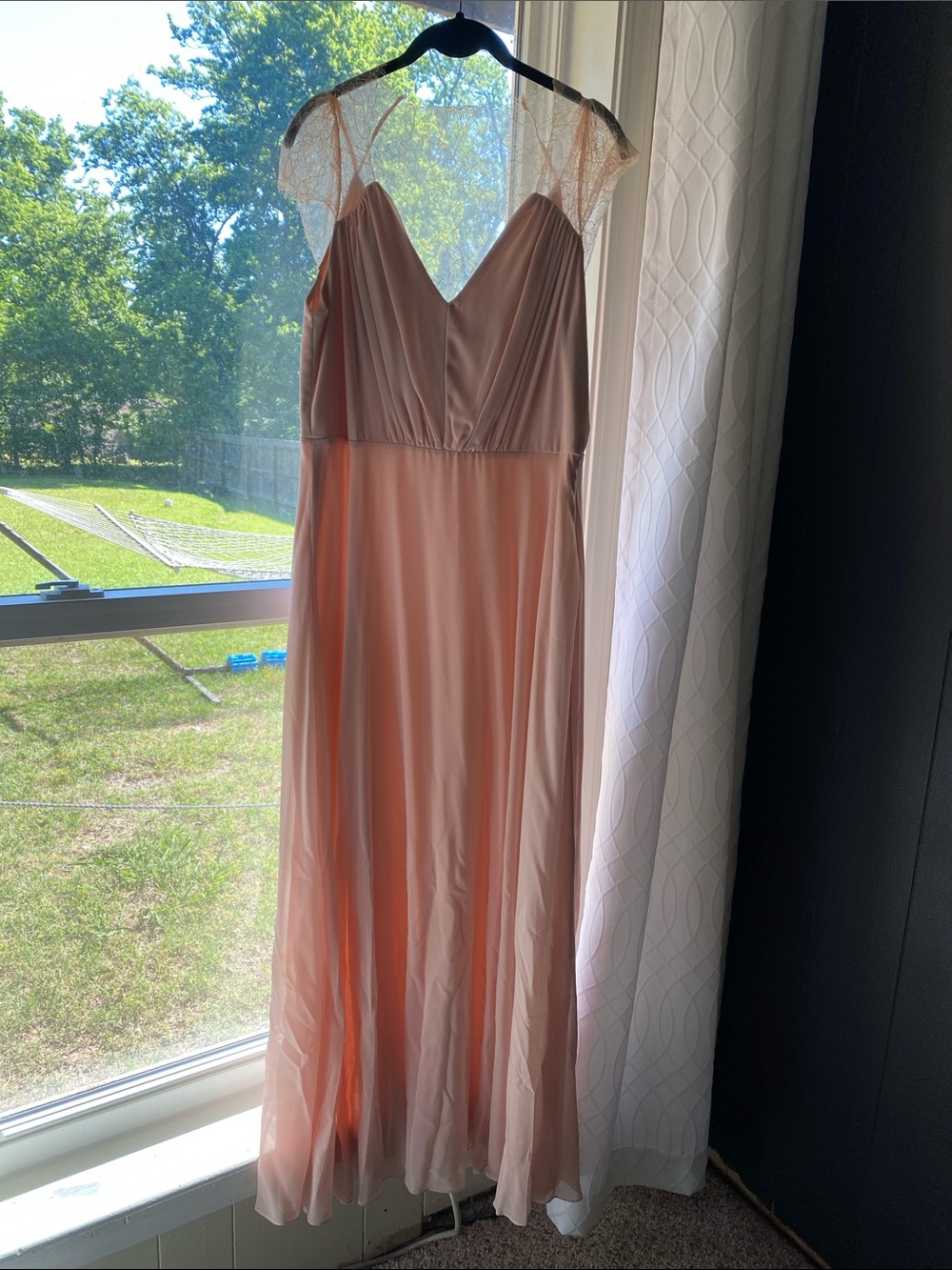 Elegant Lace-Shoulder Maxi Dress in peach/apricot color